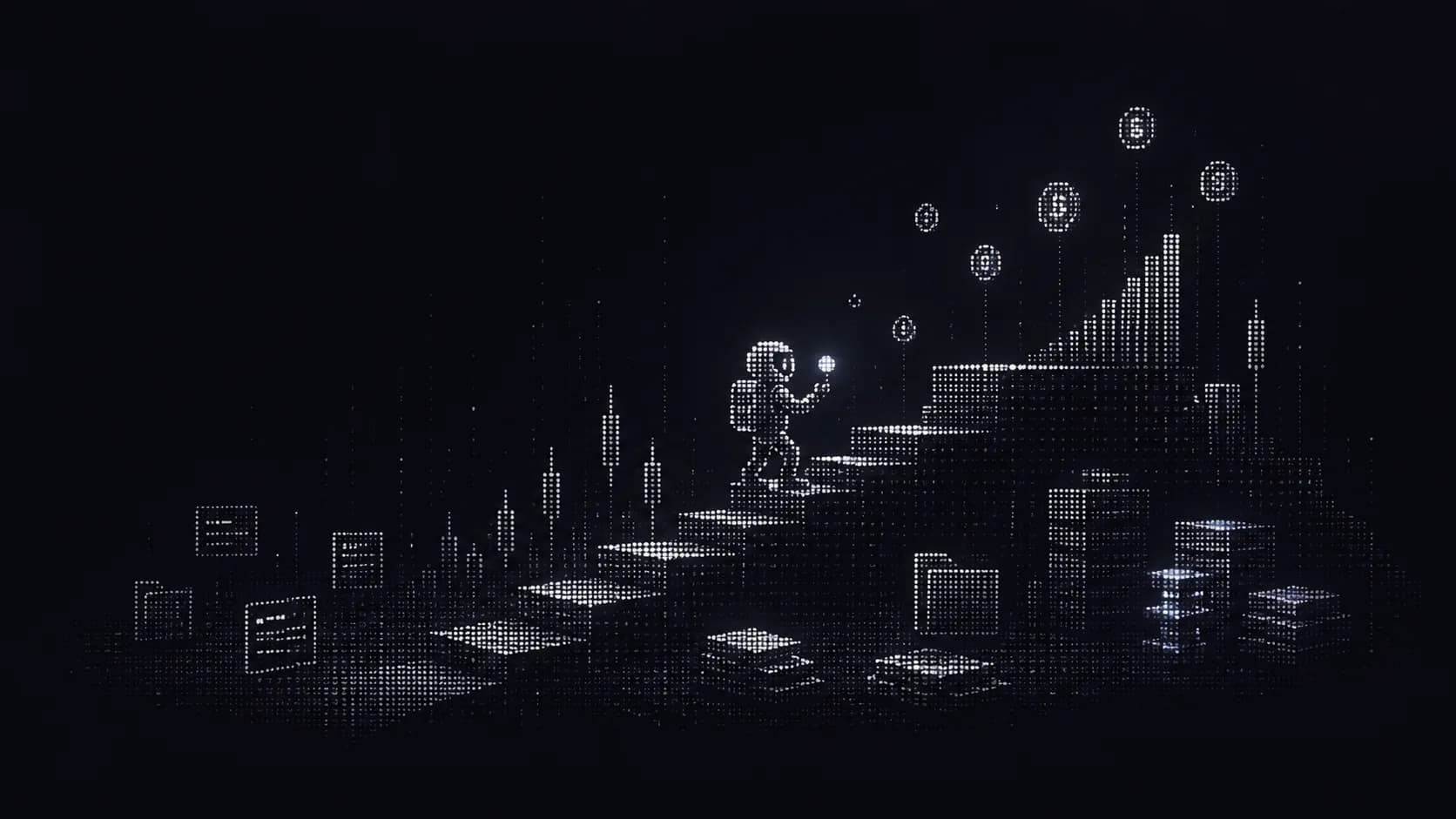 Dot-matrix illustration of a researcher discovering ranked market strategies